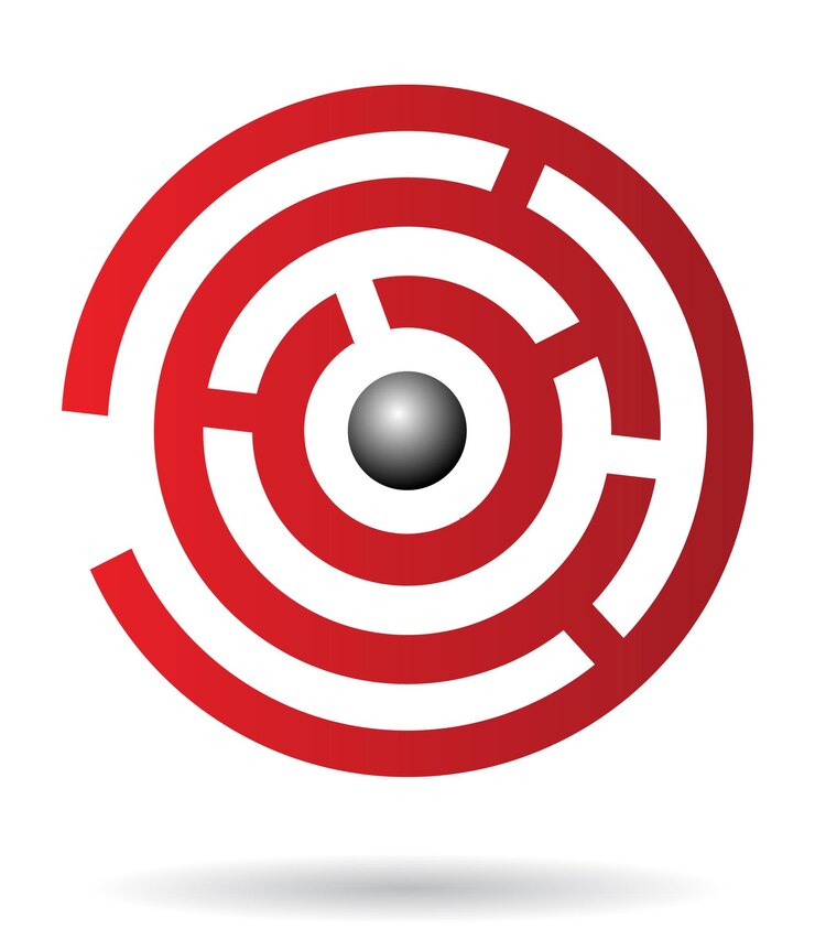 Vector red abstract maze logo icon with a black ball in the center