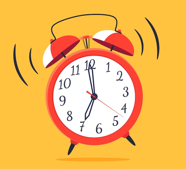 The red alarm clock is ringing Morning awakening time to act Time tracking Vector illustration