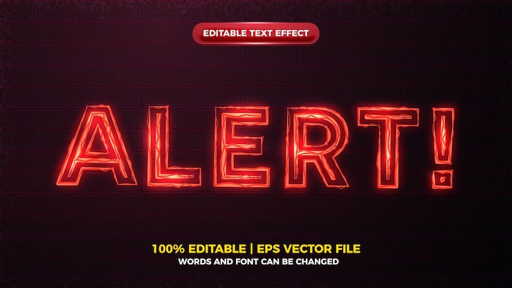 Vector red alert electric glow bold editable text effect