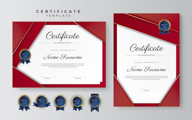 Красно-золотой шаблон границы сертификата о достижениях с роскошным значком и современным рисунком линии для награждения деловых и образовательных нужд