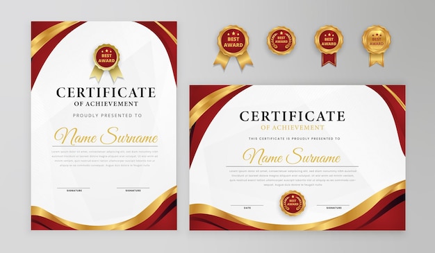 Вектор Красный и золотой сертификат с значками шаблон для бизнеса награды и диплома образовательных потребностей