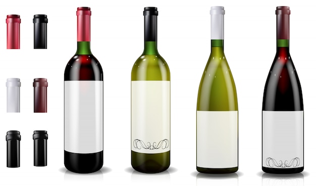 Вектор Бутылки красного и белого вина. заглушки или рукава, закрывающие пробку.