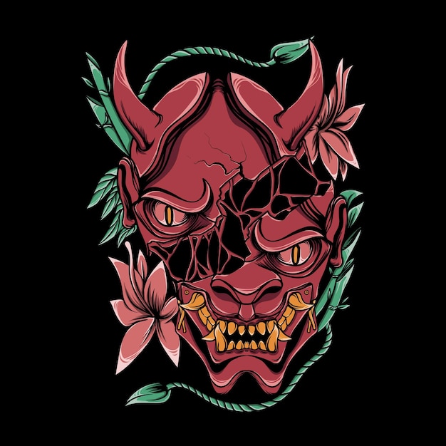 Red angry oni mask split with flowers and bamboo on black background