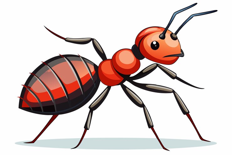 Vector red ant with black and gray stripes standing on a white background