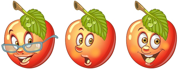 Vector red apple fruit. cartoon emoji faces. funny fruit characters.