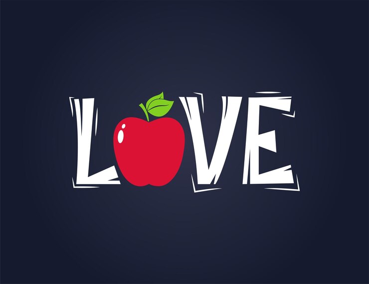 Vector red apple fruit with love quote text illustration
