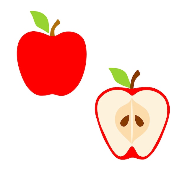 Red apple and half with leaf in flat style.