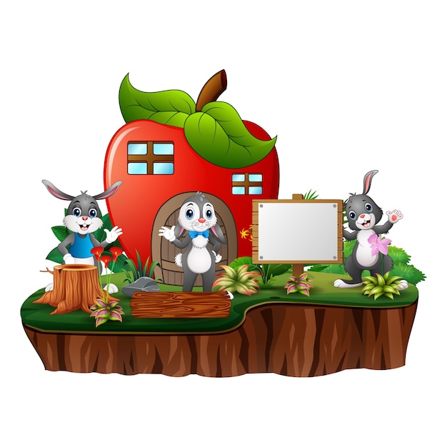 Red apple house with three rabbits