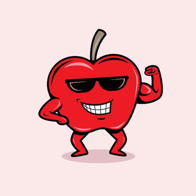 Una mascotte di mela rossa che mostra la sua illustrazione vettoriale bicipite