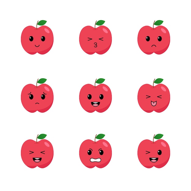 Red apple set with kawaii emotionsFlat design vector illustration