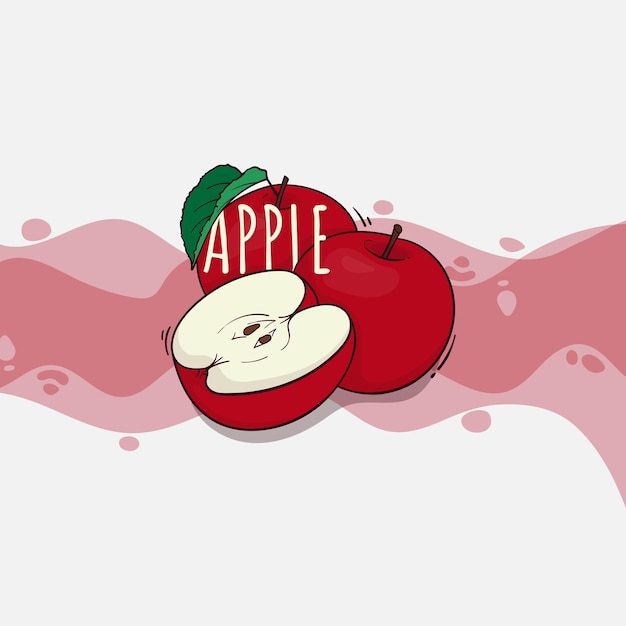 Шаблон красного яблока в мультяшном дизайне с яблочным текстом для дизайна шаблона рекламы сока