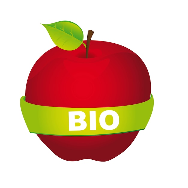 Красное яблоко с био текстом на белом фоне векторной иллюстрации