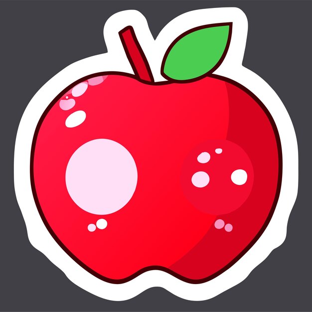 Vector red apple with stem and leaf healthy vegetarian food cartoon sticker in comics style with contour