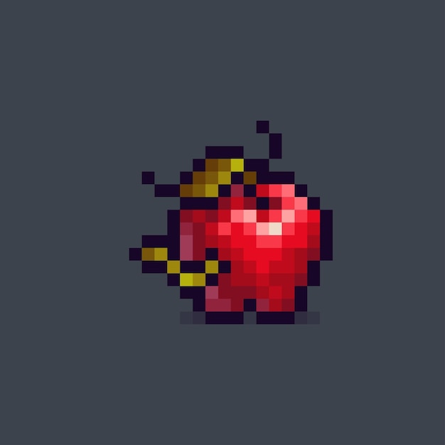 Red apple with worm in pixel art style