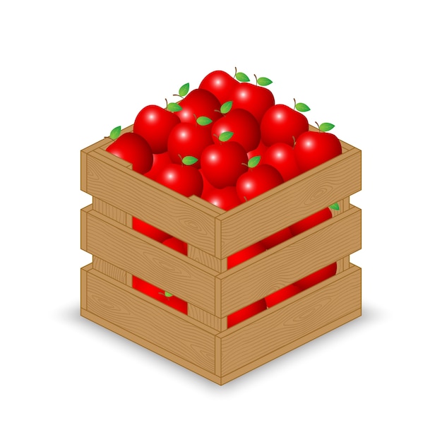 Red apple in wooden crate