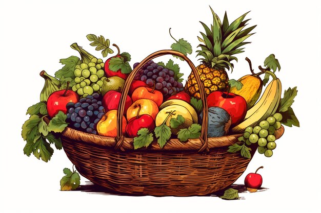 Vector red apples and green apples red grapes and green grapes collected in a basket made of rattan