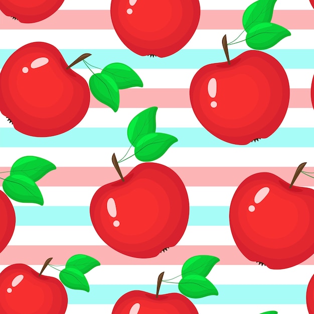 縞模様の背景のベクトル図に赤いリンゴ 果物とのシームレスな背景