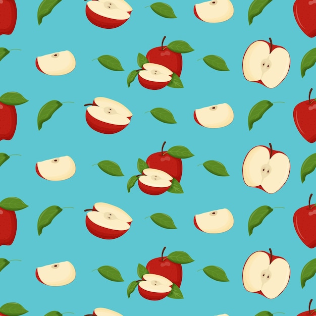 Vector red apples with green leaves seamless pattern flat vector illustration