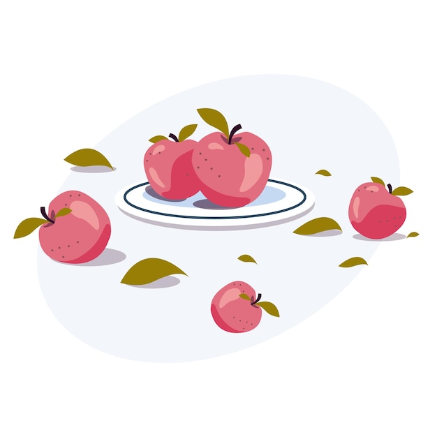 Vettore mele rosse con foglie su una siluetta piana del piatto