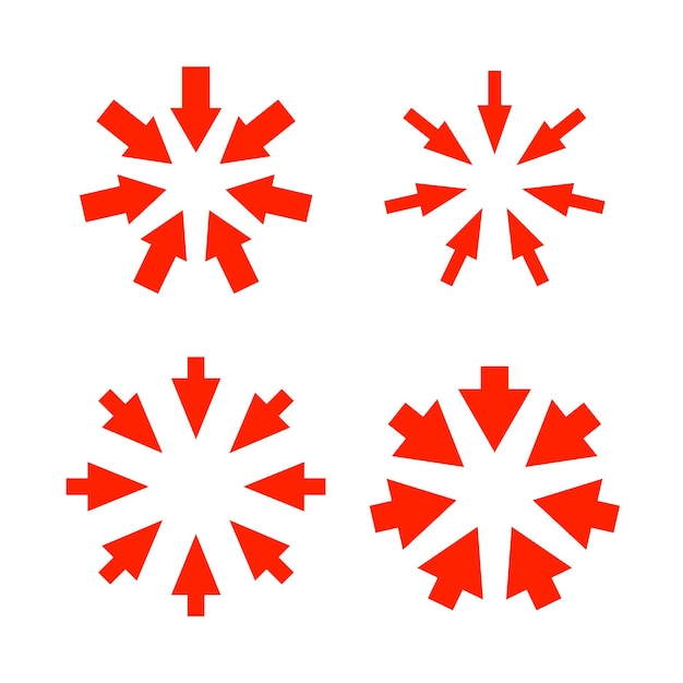 Red arrows pointing to center. Epicenter icons set. Inward arrows collection. Vector