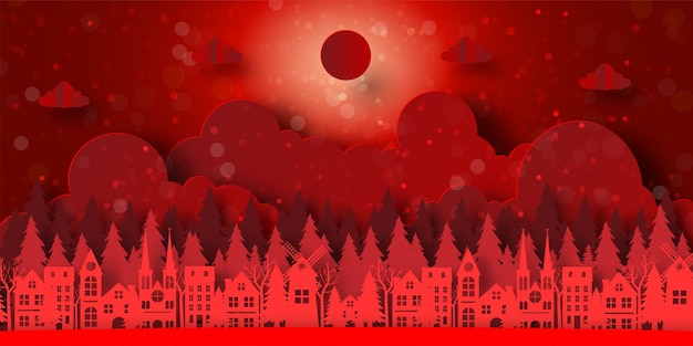 Vector red background banner of town with pine forest