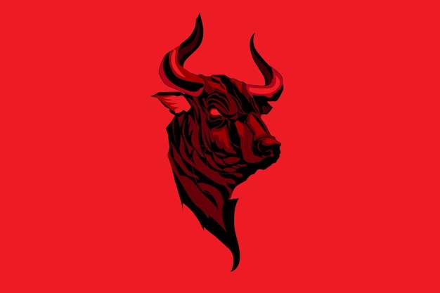 A red background with a black bull head.