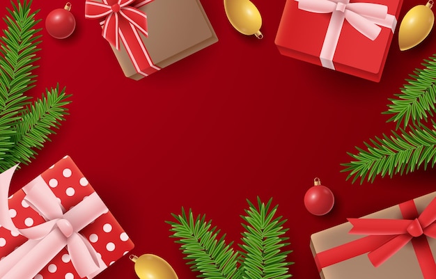 赤い背景でギフトボックスがいくつかあり真ん中にクリスマスツリーのボックスがあります