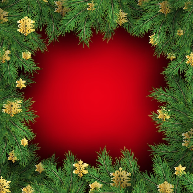 Red background with Christmas tree branches. Festive Xmas  of green branch of pine. 