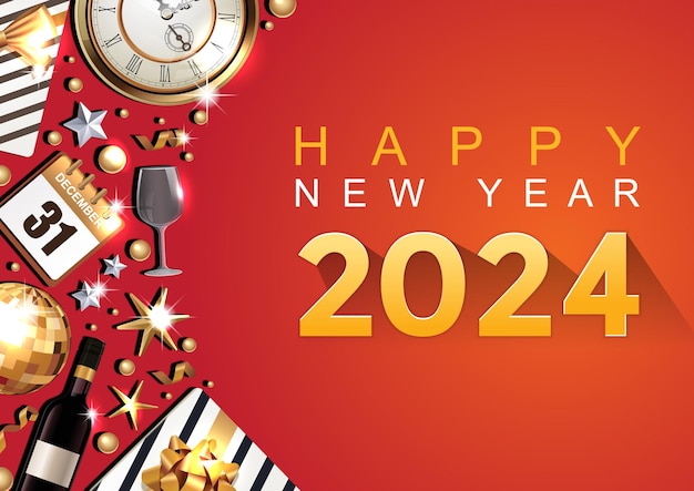 A red background with a clock and a clock on it that says'happy new year 2024 '