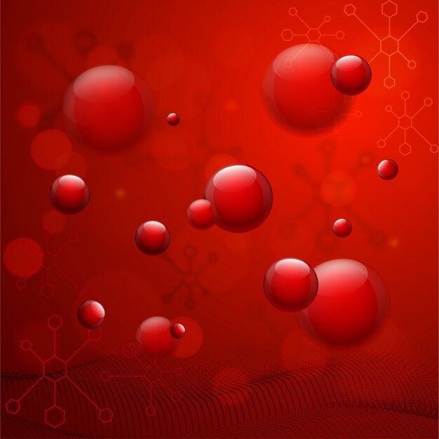  Red background with glossy bubbles, molecules and dna structure for Health and Medical concept. 