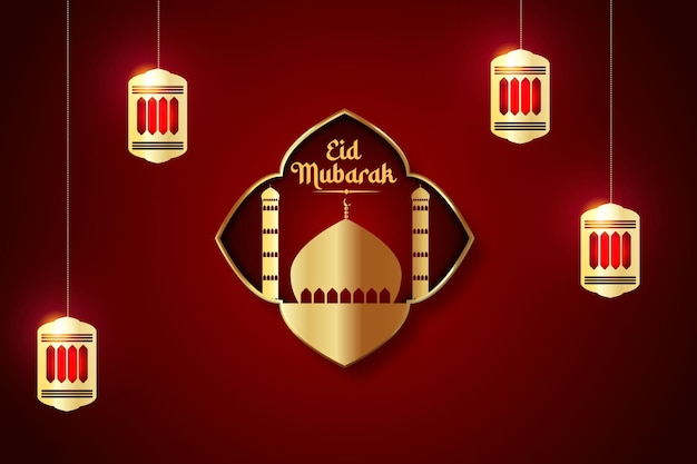 A red background with gold and gold eid mubarak and a mosque.