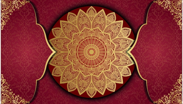 A red background with a gold and red mandala and the word love on it.