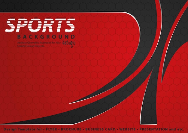 벡터 스포츠 디자인의 은색 가장자리가 있는 육각형 패턴과 검은색 곡선 모양이 있는 빨간색 배경