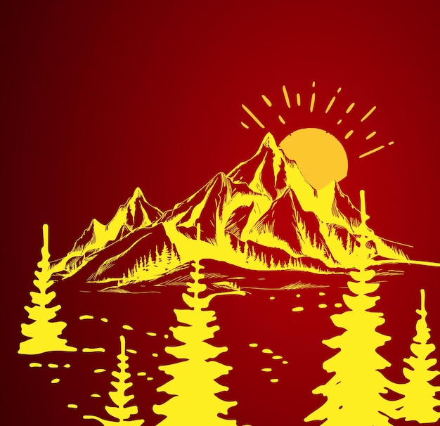 A red background with a mountain and the sun in the background.