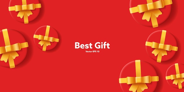 Red background with round gift boxes and golden ribbons top view cartoon style background