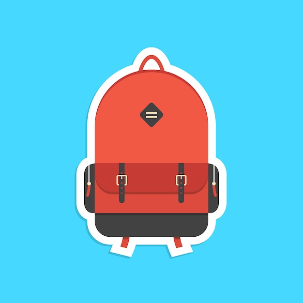 Red backpack sticker with shadow. concept of trip around the world, schooling, hipster, traveling and trip. isolated on blue background. flat style trendy modern logo design vector illustration