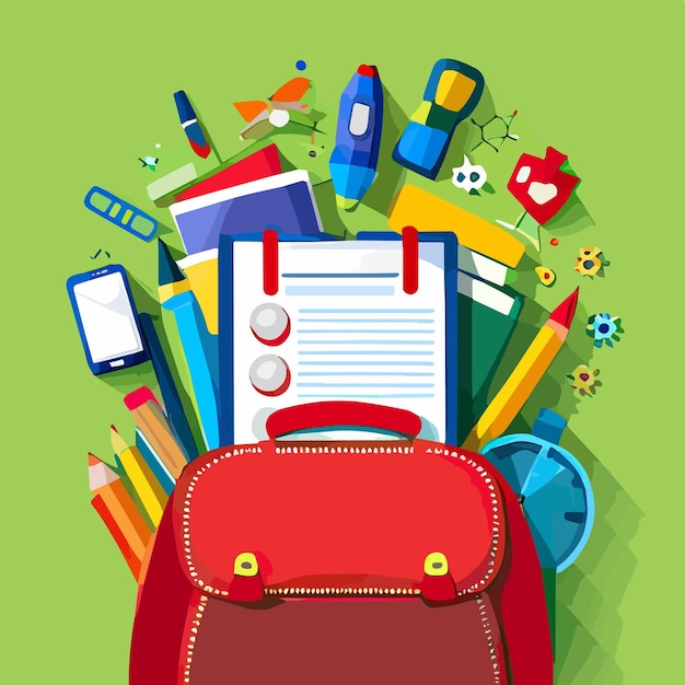Красный рюкзак на столе со школьными принадлежностями, торчащими из него, школьное обучение или концепция Дня учителя