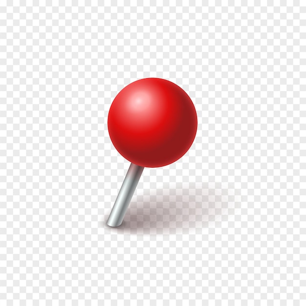 Vector red ball pin sticking out of the paper. realistic vector illustration of pushpin with shadow isolated on checkered background. decoration for photo collage.