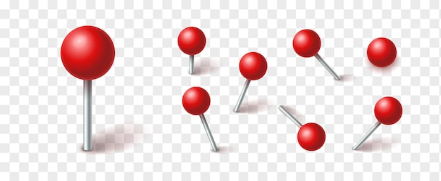 Red ball pins sticking out of the paper. vector collection. realistic illustrations of pushpins with red balls and shadows isolated on checkered background. decorations for photo collage.