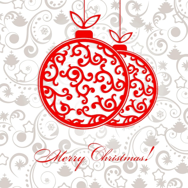 Red ball with a pattern on a pendant Christmas gorgeous card with abstract festive elements