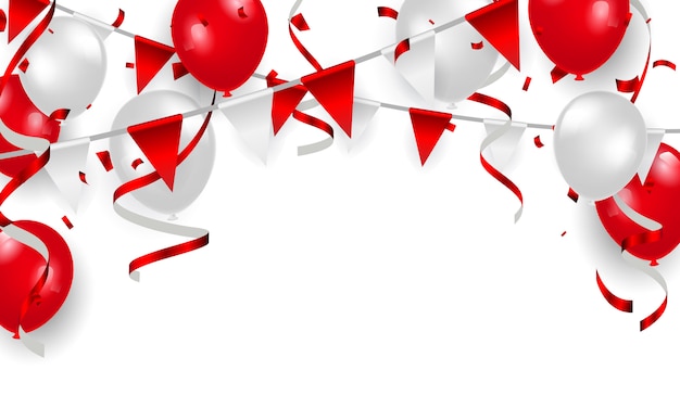 Red balloons, confetti concept design, happy independence day background