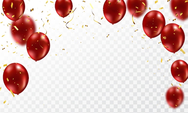 Palloncini rossi, coriandoli modello di progettazione di concetto dell'oro happy day, celebrazione del fondo