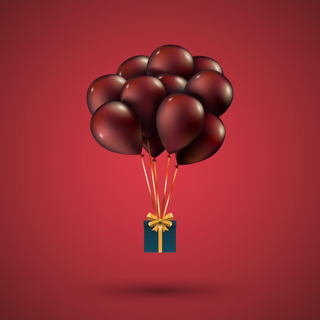 Вектор Красные шарики подняли подарочную коробку, изображенную на красном фоне
