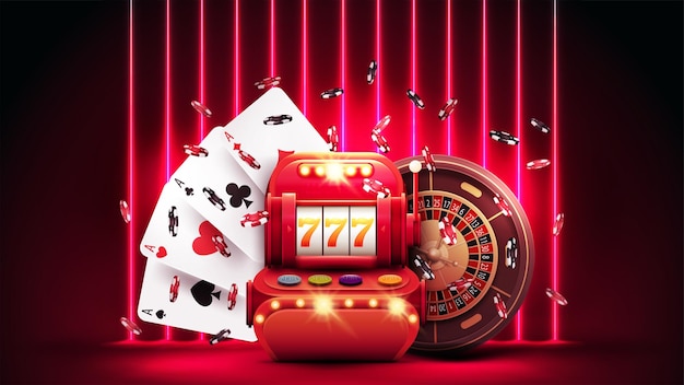 빨간색 슬롯 머신 카지노 룰렛 휠 포커 칩이 있는 빨간색 배너 및 배경에 선 수직 네온 램프 벽이 있는 빨간색 장면에서 카드 놀이