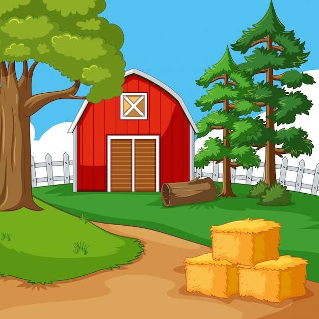 Vector red barn in the farmyard