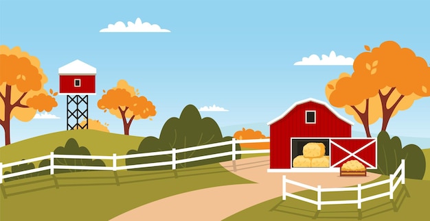 Vector red barn house farm landscape. rural house countryside farming meadow.