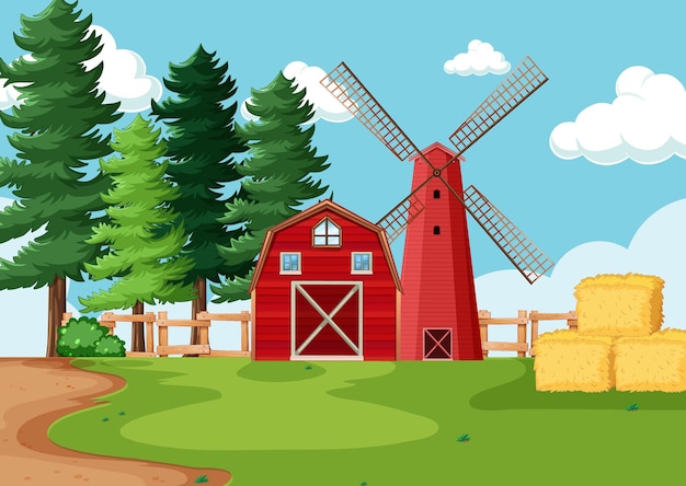 Red barn and windmill in farm scene