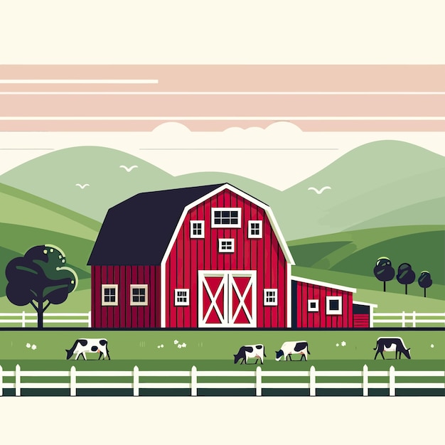 Vector a red barn with a barn and cows on the side