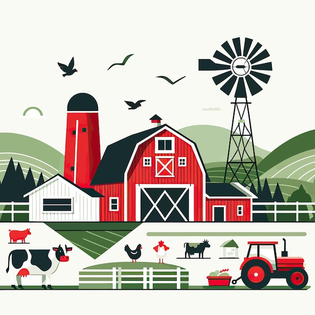 a red barn with a farm on the top of it