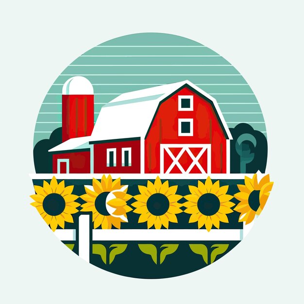 Vector a red barn with a white fence and a farm with sunflowers in the background